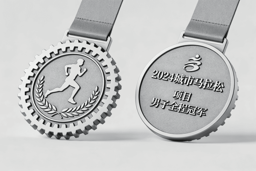 Medals featuring a running figure and engraved text for marathon awards.