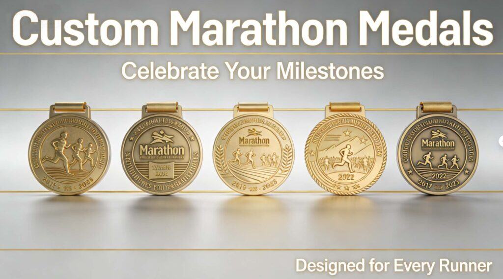 Collection of five custom-designed marathon medals with unique finishes and engraved details, perfect for race awards and celebrating runners' achievements.