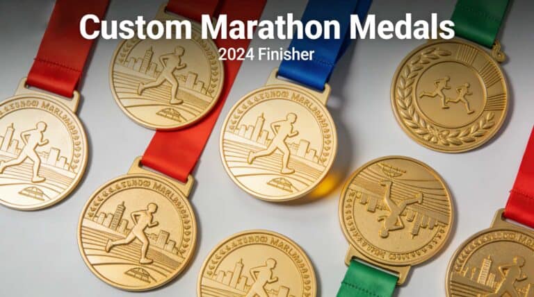 Medals for marathon winners with engraved running figures and cityscape design.