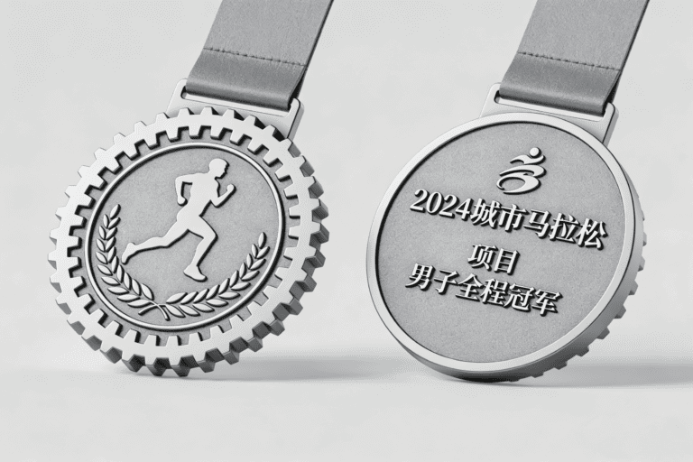 Medals featuring a running figure and engraved text for marathon awards.