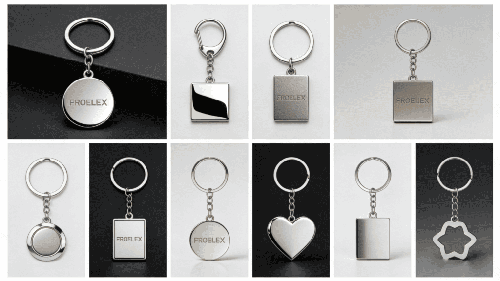 Collection of custom metal keychains including round, square, heart, star, and rectangular designs, showcasing OEM manufacturing options for brand promotional products.