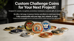 Custom challenge coins for awards, recognition, and promotions, fully customizable with logos, text, artwork, and colors to match your project needs.