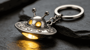 LED illuminated alien-themed keychain with metallic finish and glowing eyes.