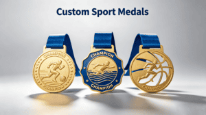 Three custom-designed gold and blue sports medals featuring running and swimming icons, perfect for award ceremonies and sports events.