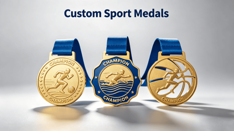 Three custom-designed gold and blue sports medals featuring running and swimming icons, perfect for award ceremonies and sports events.
