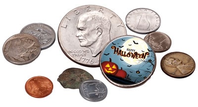 Halloween-themed coins and medals displayed on a white background, showcasing custom promotional products for Halloween events and giveaways.