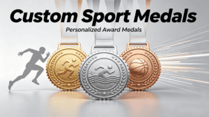Close-up of three personalized sports medals in gold, silver, and bronze with engraved athletic icons, showcasing custom award medals for sports achievements.