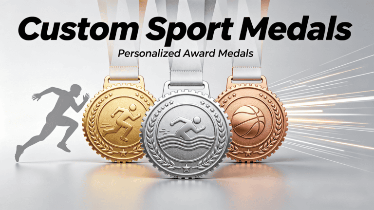 Close-up of three personalized sports medals in gold, silver, and bronze with engraved athletic icons, showcasing custom award medals for sports achievements.