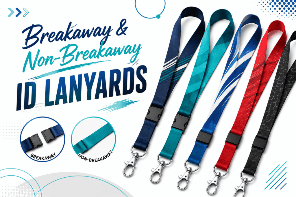 Custom promotional ID lanyards featuring breakaway and non-breakaway options in various colors, ideal for events and branding.
