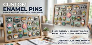 Custom enamel pins display with colorful designs on a wooden board, showcasing promotional products, trophies, and medals for branding and awards.