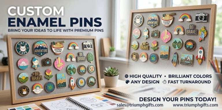 Custom enamel pins display with colorful designs on a wooden board, showcasing promotional products, trophies, and medals for branding and awards.