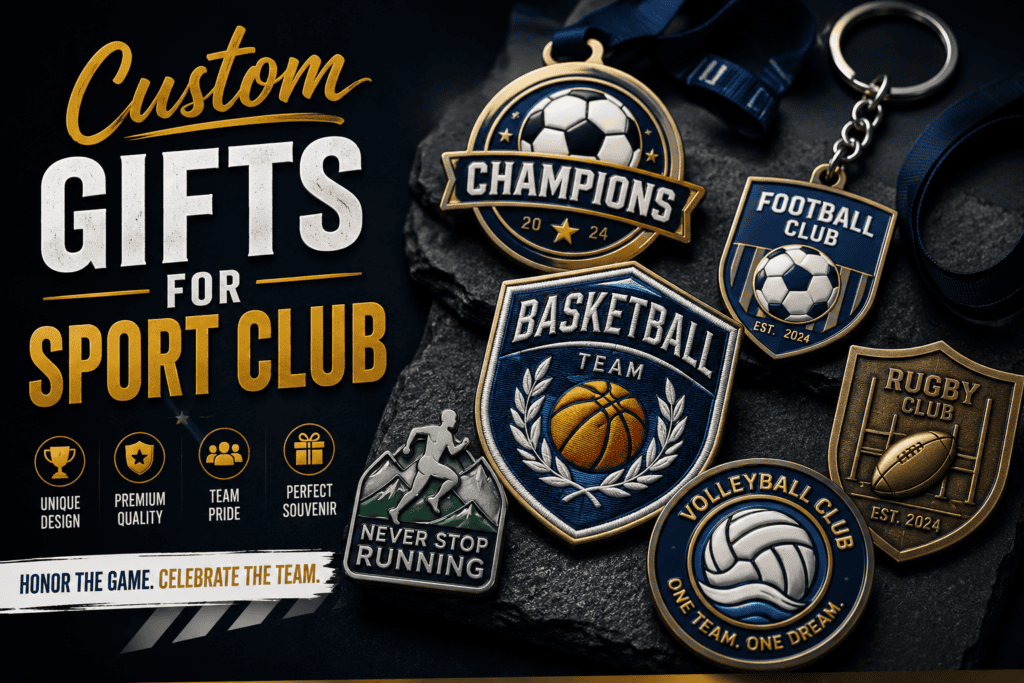 Custom promotional sports club gifts including trophies, medals, and keychains featuring football, basketball, volleyball, and rugby themes, designed for team pride and achievement recognition.