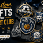Custom promotional sports club gifts including trophies, medals, and keychains featuring football, basketball, volleyball, and rugby themes, designed for team pride and achievement recognition.