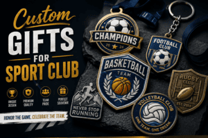Custom promotional sports club gifts including trophies, medals, and keychains featuring football, basketball, volleyball, and rugby themes, designed for team pride and achievement recognition.