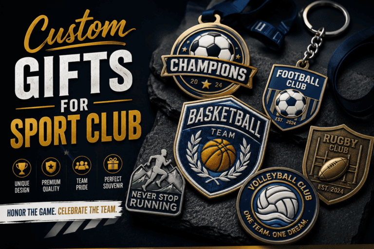 Custom promotional sports club gifts including trophies, medals, and keychains featuring football, basketball, volleyball, and rugby themes, designed for team pride and achievement recognition.