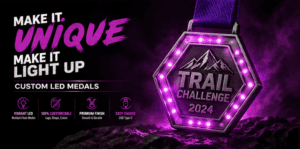 Make it unique, custom LED medal with purple lighting for trail challenge 2024, featuring mountain graphic and vibrant design.