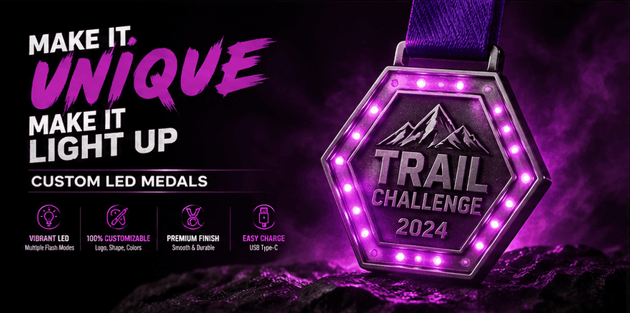 Make it unique, custom LED medal with purple lighting for trail challenge 2024, featuring mountain graphic and vibrant design.