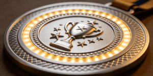 A trophy medal with a star design, surrounded by a decorative border and illuminated by LED lights, representing custom promotional awards for business branding.