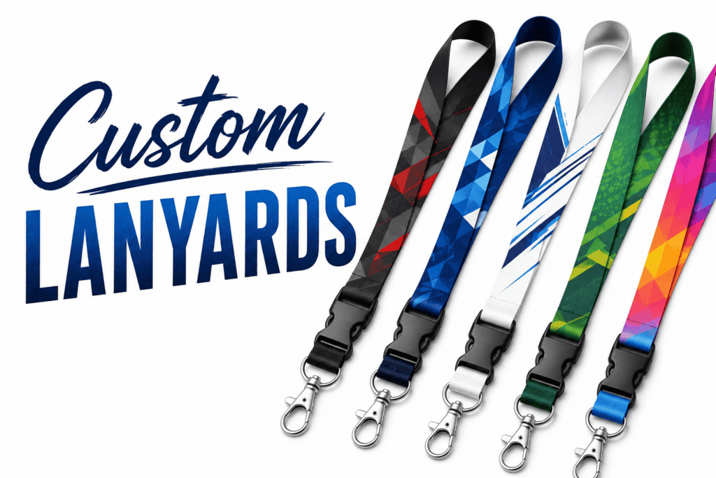 Custom lanyards with various colorful designs and patterns, featuring metal clips for easy attachment. Perfect for events, promotions, and branding purposes.