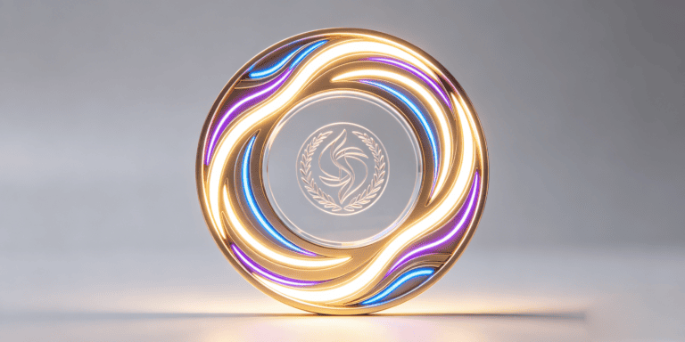 Elegant custom-designed medal with illuminated, colorful swirling accents, perfect for corporate awards, sports events, and recognition ceremonies.