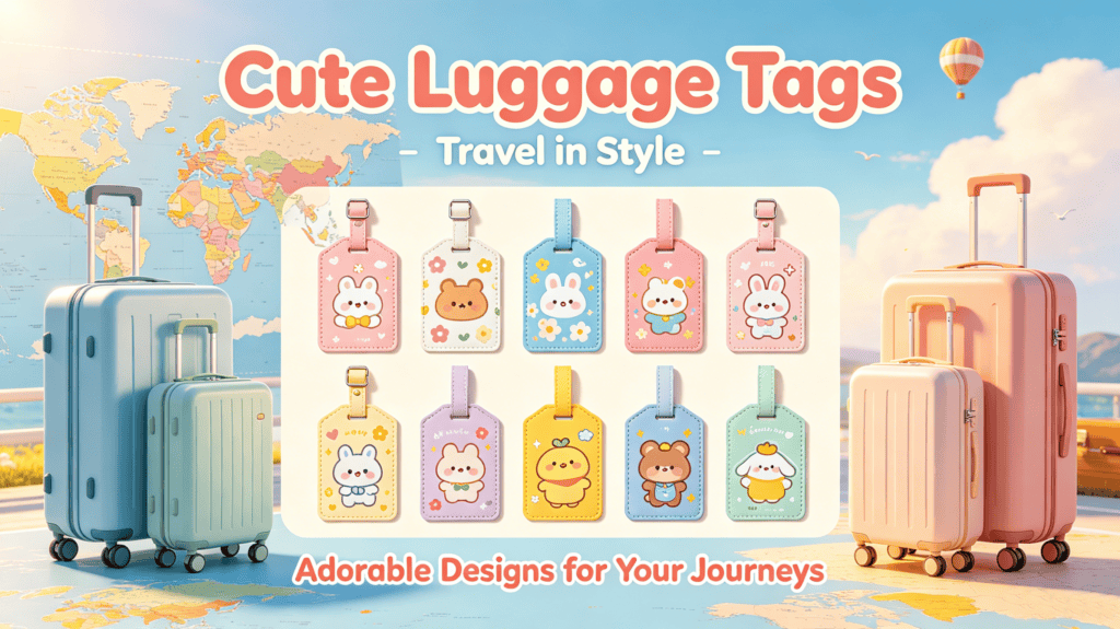 Cute luggage tags featuring adorable animal designs in pastel colors, with travel suitcases and a world map background, promoting travel accessories for kids and families.