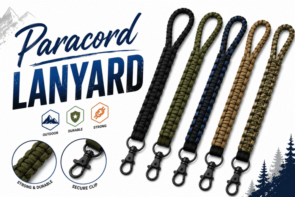 Black, green, blue, and tan paracord lanyards with secure clips, designed for outdoor, durable, and strong use. Perfect for promotional branding or personal accessories.