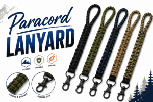 Black, green, blue, and tan paracord lanyards with secure clips, designed for outdoor, durable, and strong use. Perfect for promotional branding or personal accessories.
