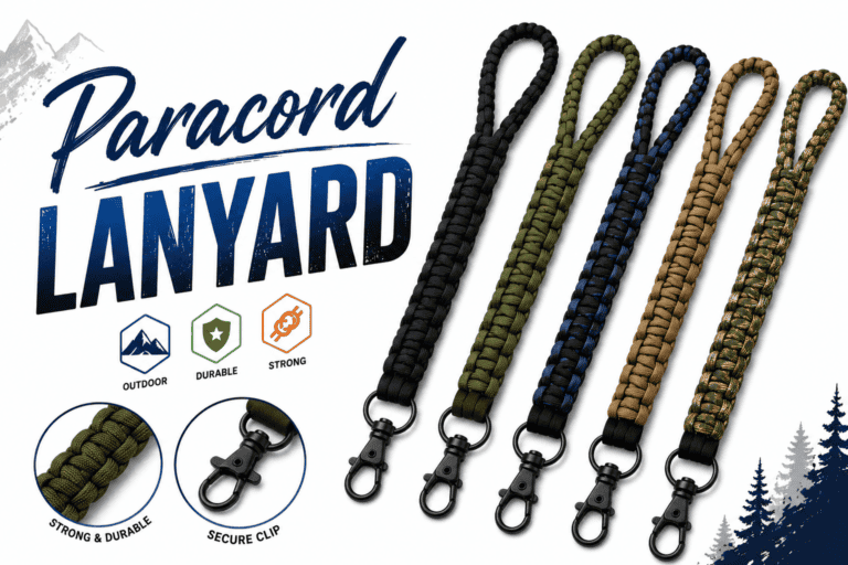 Black, green, blue, and tan paracord lanyards with secure clips, designed for outdoor, durable, and strong use. Perfect for promotional branding or personal accessories.