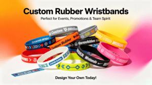 Custom rubber wristbands in various colors and designs, ideal for events, promotions, and team spirit. Perfect for personalized branding and awareness campaigns.