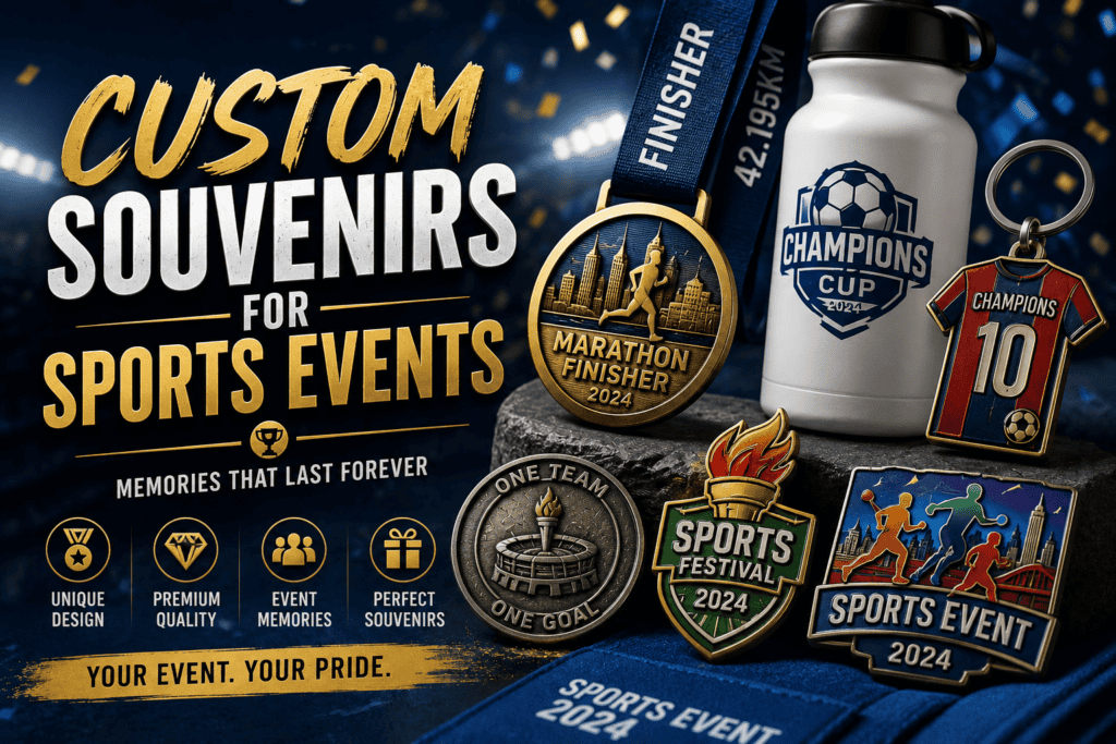 Custom souvenirs for sports events, including medals, trophies, and personalized water bottles, designed for commemorating athletic achievements and memorable moments.
