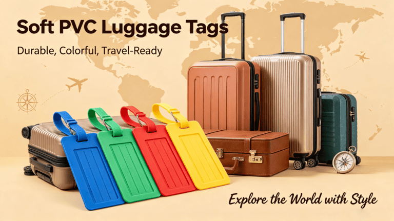 High-quality custom promotional luggage tags in various colors, including blue, green, red, and yellow, with durable PVC material and travel-ready design.