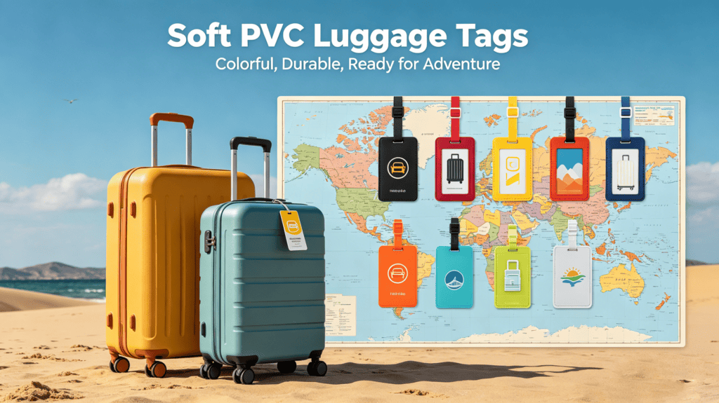 Colorful soft PVC luggage tags displayed outdoors with a world map in the background, ideal for travel accessories and identification.